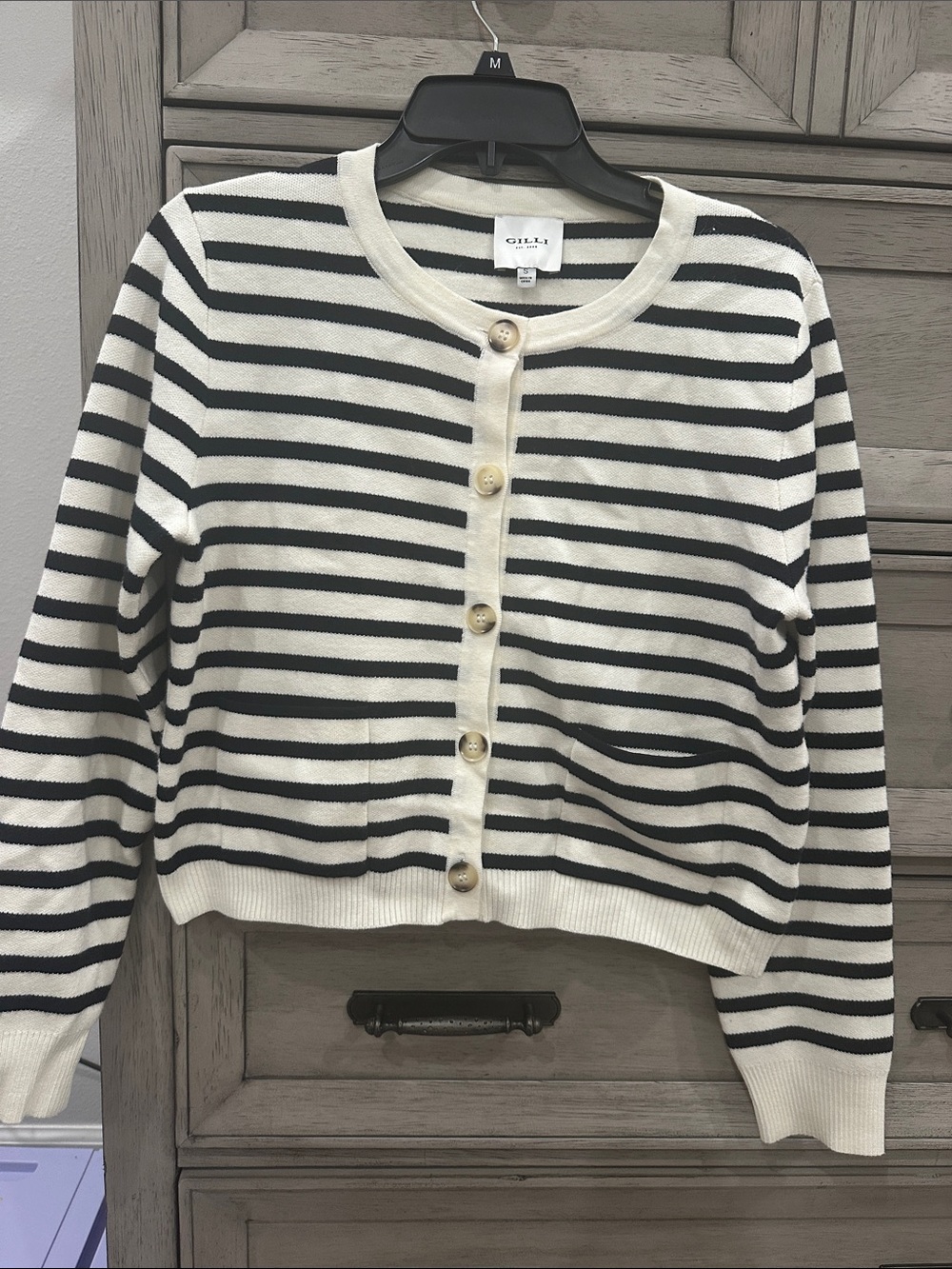 Gilli Black and Cream Striped Button-Front Cardigan